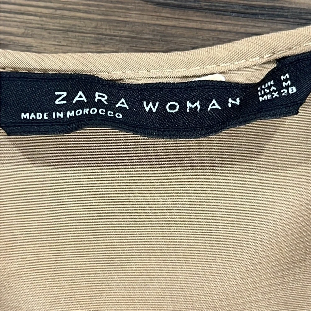 Zara Woman Khaki‎ Ruffle Mini Dress M Cinch Waist Neutral Minimalist Goblincore